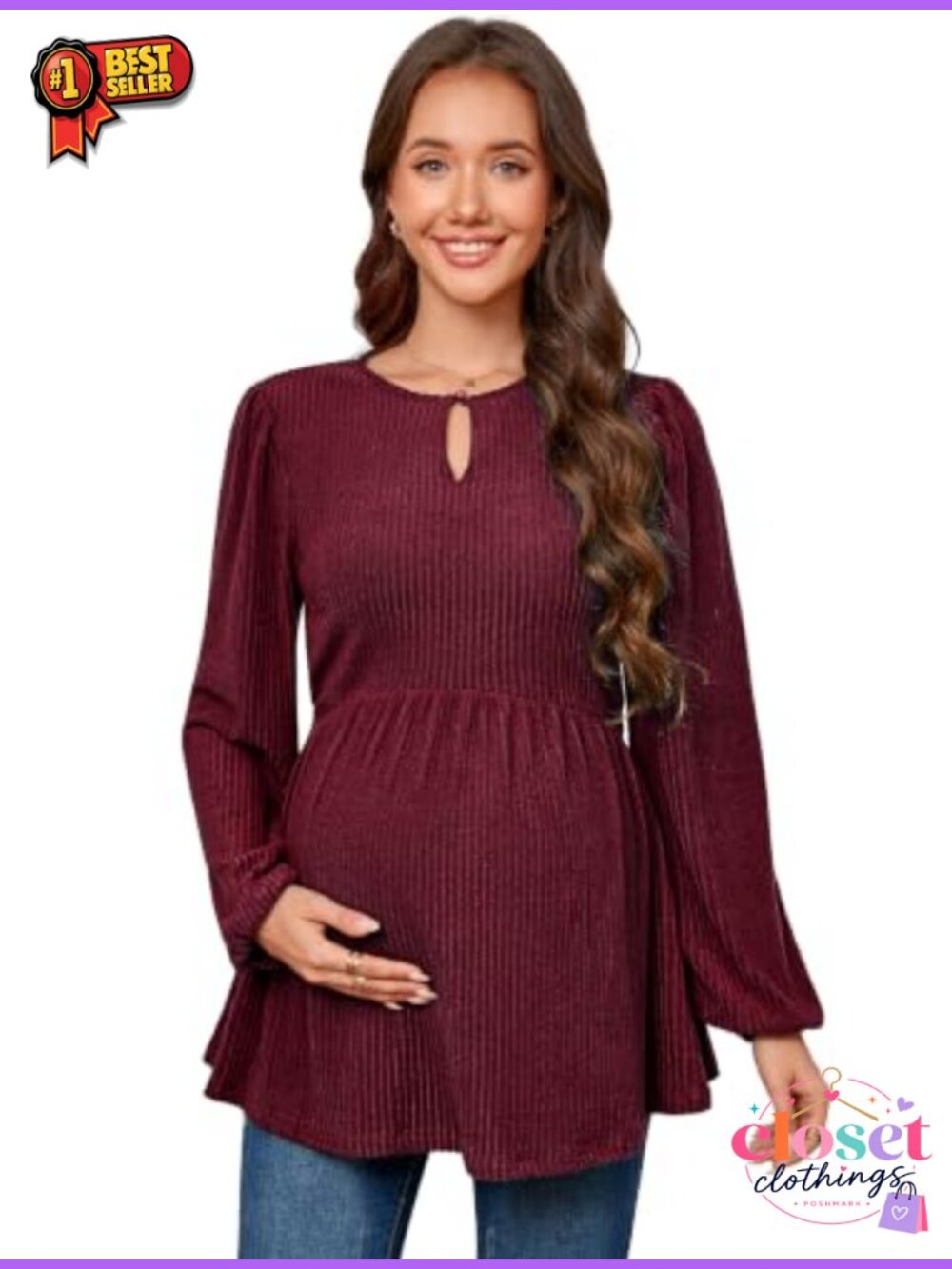 Maternity Puff Shoulder Long Sleeve Peplum Blouse Waffle Rib Knit Top